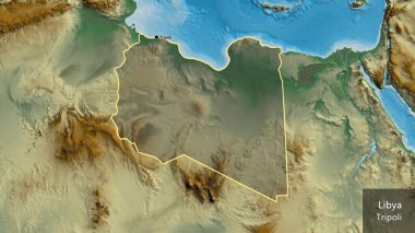 Libya sınır bölgesinin yakın çekimleri bir yardım haritasında koyu bir örtüyle vurgulanıyor. Ana nokta. Ülke çapında bir taslak oluşturun. Ülkenin ve başkentinin İngilizce adı