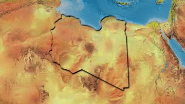 Bir topografik haritada Libya sınır bölgesinin yakın çekimleri. Ana nokta. Ülkenin kıvrımlı kenarları. 