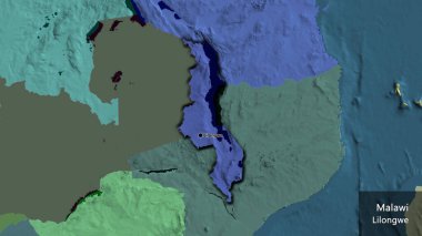 Malawi sınır bölgesinin bir idari haritada yakın çekimi. Ana nokta. Kırsal kesimin kıvrımlı kenarları. Ülkenin ve başkentinin İngilizce adı