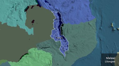 Malawi sınır bölgesinin ve bölgesel sınırlarının bir idari harita üzerinde yakınlaştırılması. Ana nokta. Ülke çapında bir taslak oluşturun. Ülkenin ve başkentinin İngilizce adı