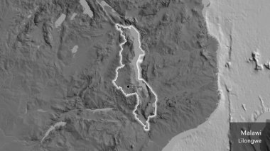 Bilek haritasında Malawi sınır bölgesinin yakın çekimi. Ana nokta. Ülke çapında parıldıyor. Ülkenin ve başkentinin İngilizce adı