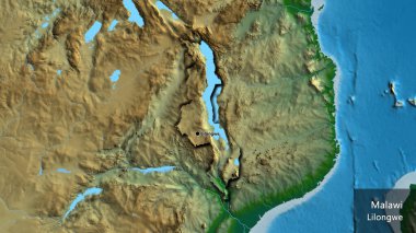 Malawi sınır bölgesinin fiziksel bir haritada yakın plan görüntüsü. Ana nokta. Kırsal kesimin kıvrımlı kenarları. Ülkenin ve başkentinin İngilizce adı