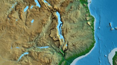 Malawi sınır bölgesinin fiziksel bir haritada yakın plan görüntüsü. Ana nokta. Ülkenin kıvrımlı kenarları. 