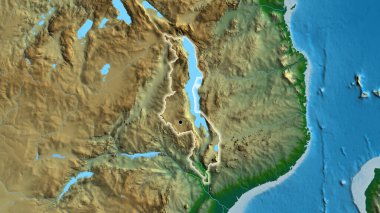 Malawi sınır bölgesinin fiziksel bir haritada yakın plan görüntüsü. Ana nokta. Ülke çapında parıltı. 