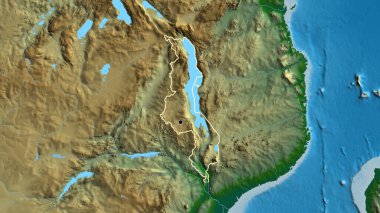 Malawi sınır bölgesinin fiziksel bir haritada yakın plan görüntüsü. Ana nokta. Ülke şekli etrafında özet geç. 