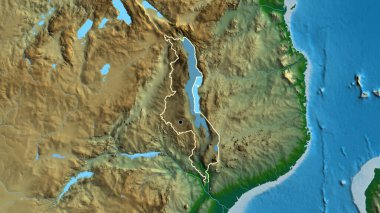 Malawi sınır bölgesinin yakın çekimleri fiziksel haritada koyu bir örtüyle vurgulanıyor. Ana nokta. Ülke şekli etrafında özet geç. 