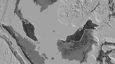 Malezya sınır bölgesinin yakın çekimi, bilek haritasında koyu bir örtüyle vurgulanıyor. Ana nokta. Ülke şekli etrafında özet geç. 
