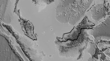 Gri tonlu bir haritada Malezya sınır bölgesinin yakın çekimi. Ana nokta. Ülkenin kıvrımlı kenarları. 