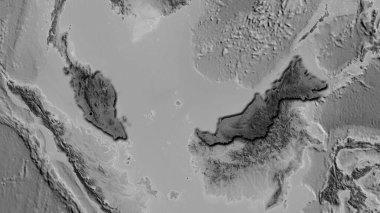 Malezya sınır bölgesinin, gri tonlamalı bir haritada koyu bir örtüyle ışıklandırılması. Ana nokta. Ülkenin kıvrımlı kenarları. 