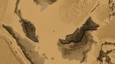 Malezya sınır bölgesinin yakınından, sepia yükseklik haritasında koyu bir örtüyle vurgulanıyor. Ana nokta. Ülkenin kıvrımlı kenarları. 