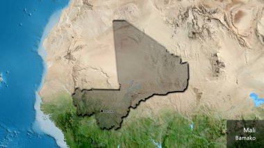 Mali sınır bölgesinin yakın çekimleri, uydu haritasında koyu bir örtüyle vurgulanıyor. Ana nokta. Kırsal kesimin kıvrımlı kenarları. Ülkenin ve başkentinin İngilizce adı