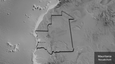 Moritanya sınır bölgesinin yakın çekimleri gri tonlu bir haritada. Ana nokta. Kırsal kesimin kıvrımlı kenarları. Ülkenin ve başkentinin İngilizce adı