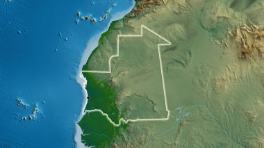 Moritanya sınırına fiziksel bir haritada yakın plan. Ana nokta. Ülke çapında parıltı. 