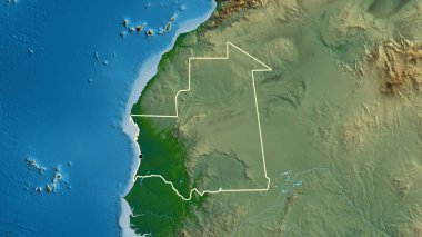 Moritanya sınırına fiziksel bir haritada yakın plan. Ana nokta. Ülke şekli etrafında özet geç. 