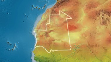 Moritanya sınır bölgesinin bir topografik haritada yakın plan görüntüsü. Ana nokta. Ülke çapında parıltı. 