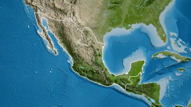 Meksika sınır bölgesinin uydu haritasında yakın plan görüntüsü. Ana nokta. Ülke şekli etrafında özet geç. 