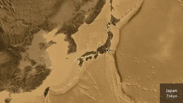 Close Área Fronteira Japão Mapa Elevação Sépia Ponto Capital Esboço — Fotografia de Stock