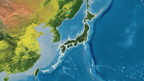 地形図上の暗いオーバーレイで強調日本の国境地域のクローズアップ 資本ポイント 全国に光る — ストック写真