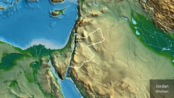 Close Zona Fronteiriça Jordânia Num Mapa Físico Ponto Capital Brilha — Fotografia de Stock