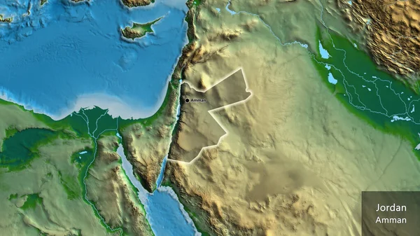 ヨルダン国境地域のクローズアップは 物理的な地図上の暗いオーバーレイで強調表示されます 資本ポイント 国の形の周りに光る 英名国とその首都 — ストック写真
