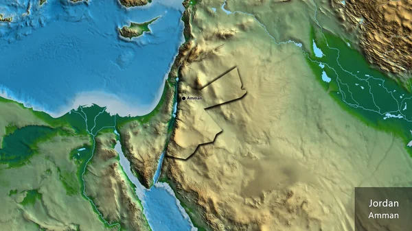 Close Zona Fronteiriça Jordânia Num Mapa Físico Ponto Capital Bordas — Fotografia de Stock