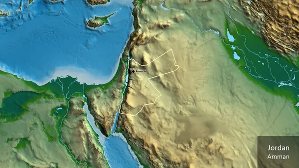 Close Zona Fronteiriça Jordânia Num Mapa Físico Ponto Capital Esboço — Fotografia de Stock