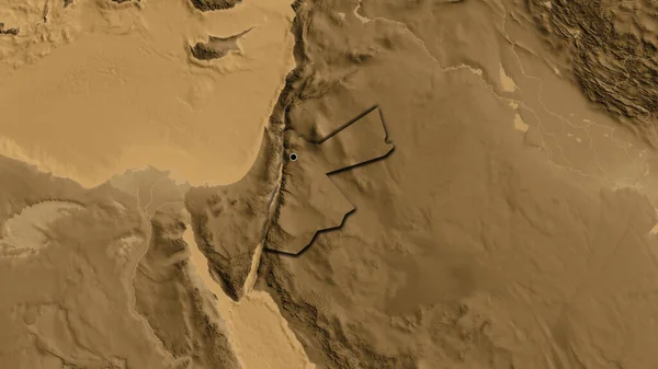 Primer Plano Zona Fronteriza Jordania Mapa Elevación Sepia Punto Capital — Foto de Stock