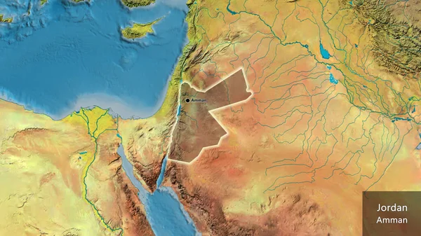 地形図上の暗いオーバーレイで強調ヨルダン国境地域のクローズアップ 資本ポイント 国の形の周りに光る 英名国とその首都 — ストック写真
