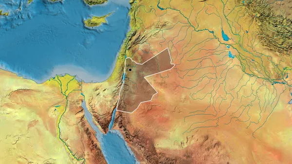 约旦边境地区的特写镜头 用地形图上的黑暗阴影突出显示 资本点 国家形貌概述 — 图库照片