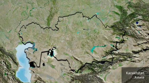 衛星地図上のカザフスタン国境地帯の閉鎖 資本ポイント 国の形の縁が隠されています 英名国とその首都 — ストック写真