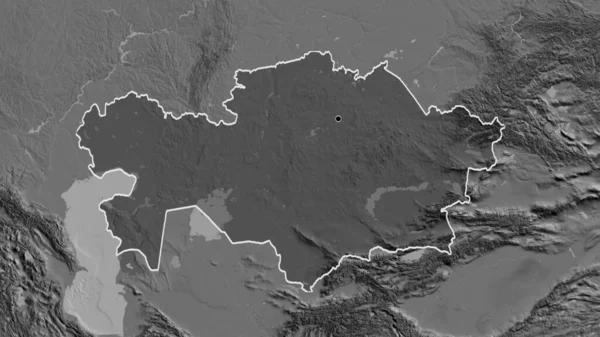 哈萨克斯坦边境地区的特写镜头 用双层地图上的黑暗阴影突出显示出来 资本点 国家形貌概述 — 图库照片