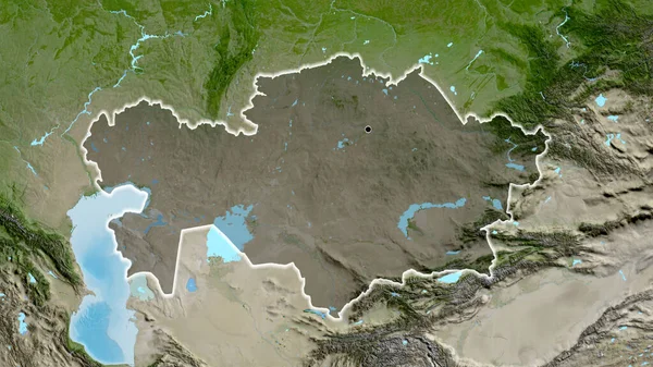 衛星地図上の暗いオーバーレイで強調カザフスタン国境地域のクローズアップ 資本ポイント 全国に光る — ストック写真