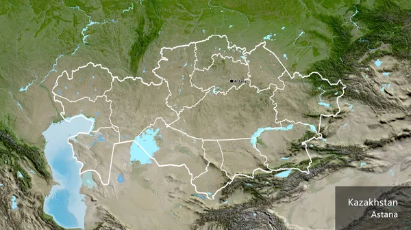 利用卫星地图密切监视哈萨克斯坦边境地区及其区域边界 资本点 概略地描述一下国家的面貌 国家及其首都的英文名称 — 图库照片