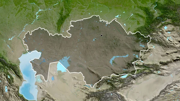 衛星地図上の暗いオーバーレイで強調カザフスタン国境地域のクローズアップ 資本ポイント 全国の概要 — ストック写真
