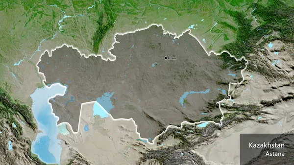 通过卫星地图上的黑暗覆盖 对哈萨克斯坦边境地区进行了密切监视 资本点 风靡全国各地 国家及其首都的英文名称 — 图库照片