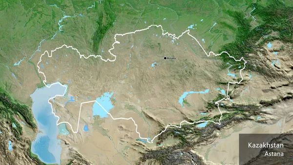 衛星地図上のカザフスタン国境地帯の閉鎖 資本ポイント 国の形の周りの概要 英名国とその首都 — ストック写真