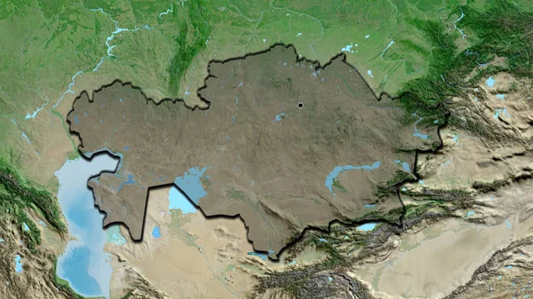 衛星地図上の暗いオーバーレイで強調カザフスタン国境地域のクローズアップ 資本ポイント 国の形の縁が隠されている — ストック写真