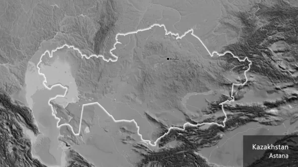 Detailní Záběr Kazašské Hraniční Oblasti Mapě Stupních Šedi Fakt Záře — Stock fotografie