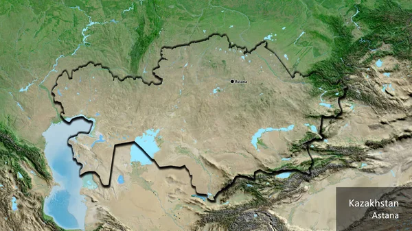 卫星地图上的哈萨克斯坦边境地区特写 资本点 这个国家的边缘呈斜角状 国家及其首都的英文名称 — 图库照片