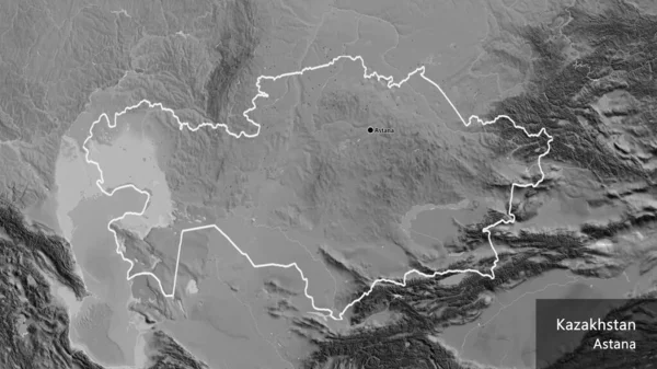 Zbliżenie Strefy Przygranicznej Kazachstanu Mapie Skali Szarości Główny Punkt Zarys — Zdjęcie stockowe