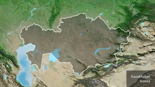 通过卫星地图上的黑暗覆盖 对哈萨克斯坦边境地区进行了密切监视 资本点 概略地描述一下国家的面貌 国家及其首都的英文名称 — 图库照片