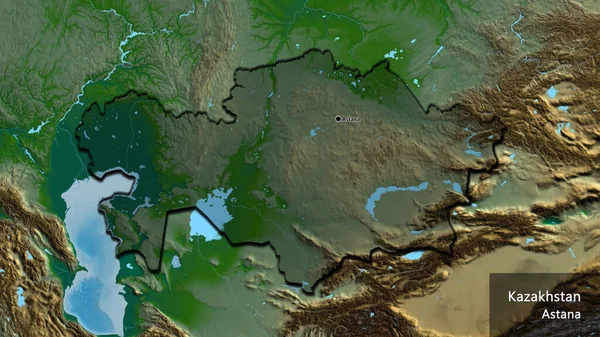Zbliżenie Obszaru Przygranicznego Kazachstanu Ciemną Nakładką Fizyczną Mapę Główny Punkt — Zdjęcie stockowe