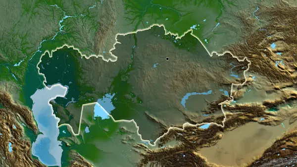 Zbliżenie Obszaru Przygranicznego Kazachstanu Ciemną Nakładką Fizyczną Mapę Główny Punkt — Zdjęcie stockowe