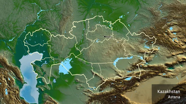 在实际地图上对哈萨克斯坦边境地区及其区域边界进行密切监视 资本点 概略地描述一下国家的面貌 国家及其首都的英文名称 — 图库照片