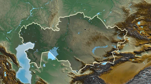 对哈萨克斯坦边境地区的近距离调查突出显示了一张救济地图上的黑暗阴影 资本点 风靡全国 — 图库照片