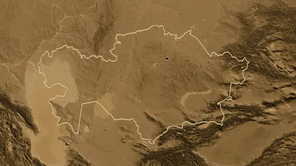 Primer Plano Zona Fronteriza Kazajstán Mapa Elevación Sepia Punto Capital — Foto de Stock