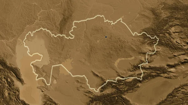 セピア標高マップ上のカザフスタン国境地域のクローズアップ 資本ポイント 全国に光る — ストック写真