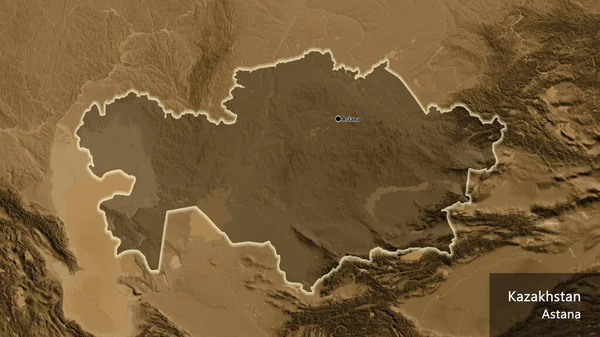 Крупним Планом Казахстанська Прикордонна Зона Темним Накладанням Карту Підвищення Сепії — стокове фото