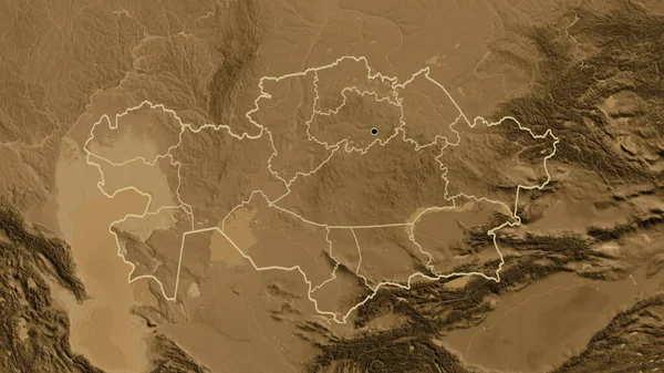 Крупный План Приграничной Зоны Казахстана Региональных Границ Карте Высоты Сепии — стоковое фото