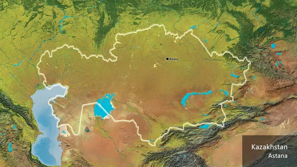 在一张地形图上对哈萨克斯坦边境地区进行密切监视 资本点 风靡全国各地 国家及其首都的英文名称 — 图库照片